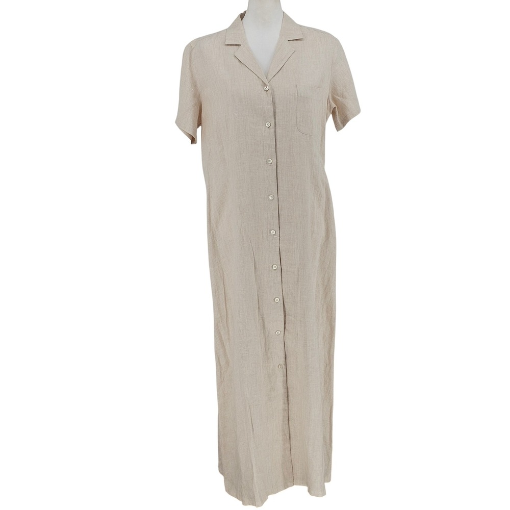 Vintage Laura Ashley Linen Button Front Maxi Dress 12 Beige Minimalist Neutral - Picture 2 of 11